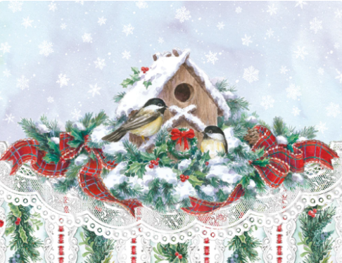 Snowy Birdhouse Carol Wilson Note Card Christmas Holiday Portfolio-Roses And Teacups