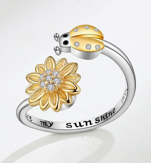 Sterling Silver Sunflower and Ladybug Spinner Ring - Made in the USA