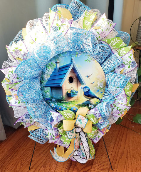 Summer Bluebirds of Happiness Door Wreath - One of a Kind!-Roses And Teacups