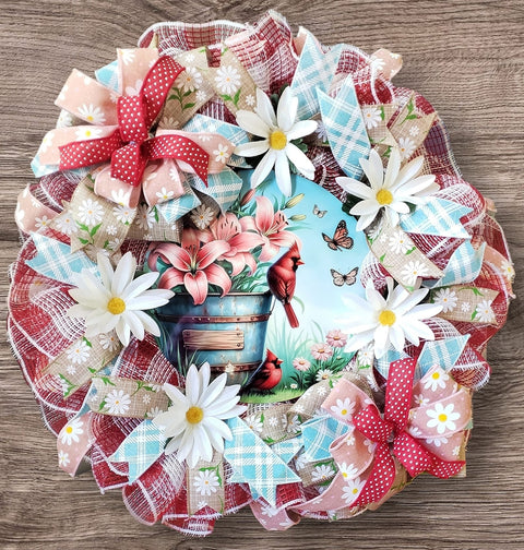 Summer Daisies Cardinals and Butterflies Door Wreath - One of a Kind!-Roses And Teacups
