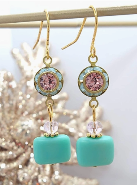 Turquoise and Pink Crystal Elegance Drop Earrings-Roses And Teacups