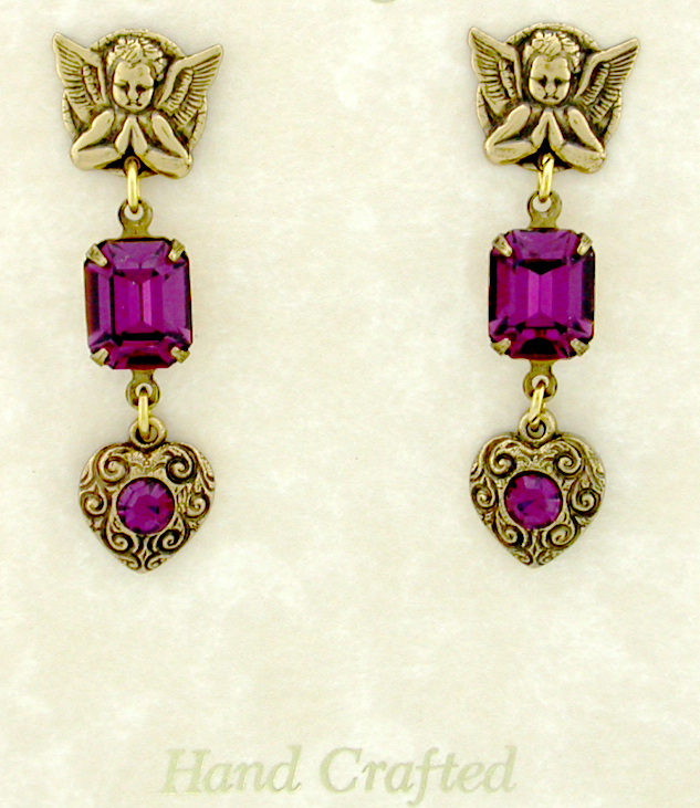 Victorian Angels & Hearts Austrian Crystal Earrings-Amethyst-Roses And Teacups