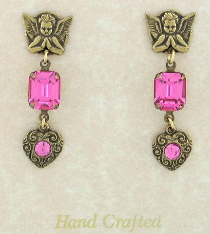 Victorian Angels & Hearts Austrian Crystal Earrings - Pink