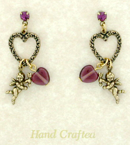 Victorian Style Cherubs & Glass Hearts Crystal Earrings