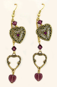 Vintage Filigree Lace Double Heart Earrings - Amethyst Austrian Crystal-Roses And Teacups