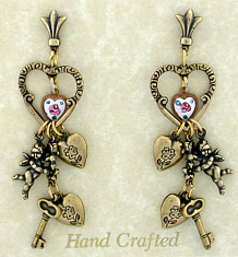 Vintage Victorian Romance Cherubs & Cloisonne' Hearts and Keys Earrings-Roses And Teacups
