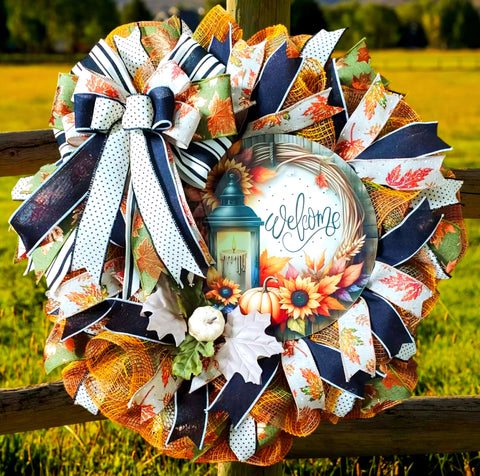 Welcome Fall with Lantern and Pumpkin Door Wreath - One of a Kind!-Roses And Teacups