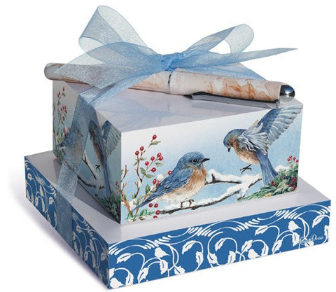 Winter Wonderland Blue Birds Stacked Note Block Set With Pen - 2 Remaining! - Roses And Teacups 