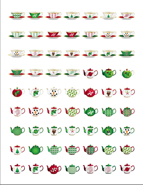 1 Sheet of 62 1-inch Round Christmas Tea Cup and Teapot Stickers-Roses And Teacups