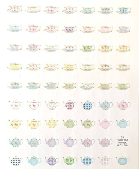1 Sheet of 62 1-inch Round Gold Trimmed Pastel Tea Cup and Teapot Stickers