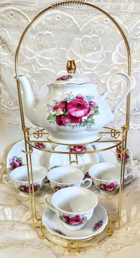 10 Piece Porcelain Tea Set in Pink Rose with FREE Metal Stand-Roses And Teacups