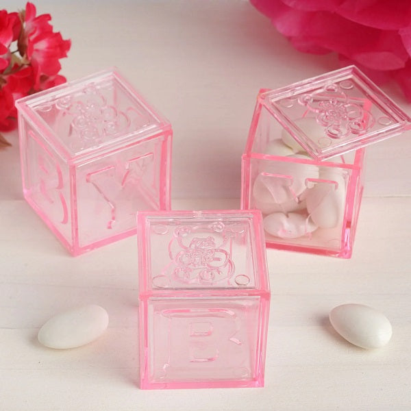 12 Pack | 2" Pink Fillable Baby Shower Favor Boxes, Party Decoration Blocks