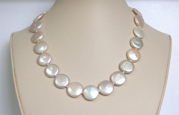 14-15mm 18 inch White Coin Pearl Necklace with Sterling Silver Toggle Clasp
