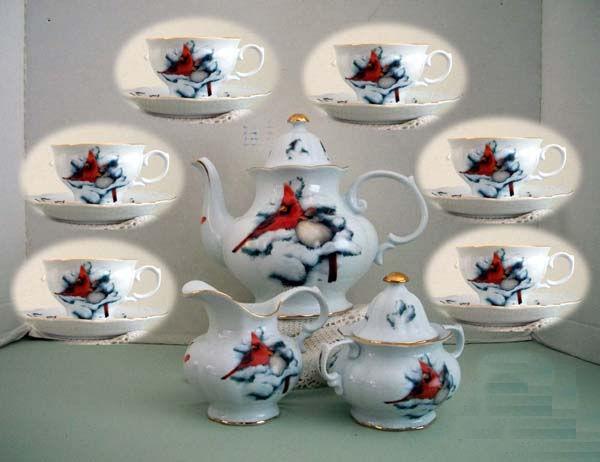 15 Piece Winter Cardinal Porcelain Tea Set-Roses And Teacups