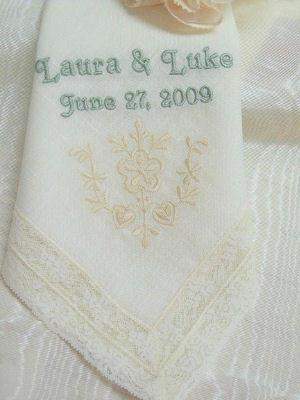 15 x 15 Embroidered Wedding Hankie-Roses And Teacups
