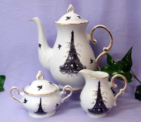 20 oz Porcelain Teapot with Cream and Sugar Set - Eiffel Tower-Roses And Teacups