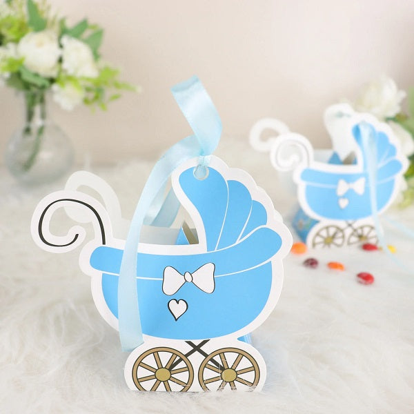 25 Pack | Blue Baby Paper Stroller Party Favor Gift Boxes, Cardstock Carriage Candy Boxes With Ribbon Ties - 4.5"X2"X4"