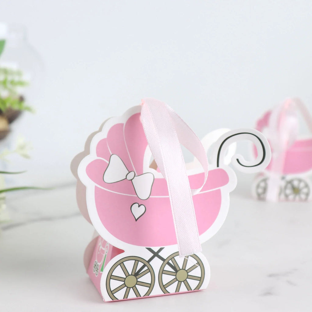 25 Pack | Pink Baby Paper Stroller Party Favor Gift Boxes, Cardstock Carriage Candy Boxes With Ribbon Ties - 4.5"X2"X4"