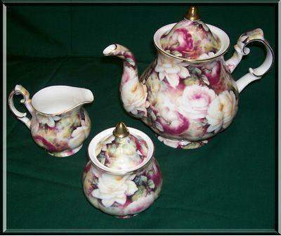 3 Piece Lush Roses Chintz Bone China Teapot and Creamer Set Satin Lined Gift Box-Roses And Teacups