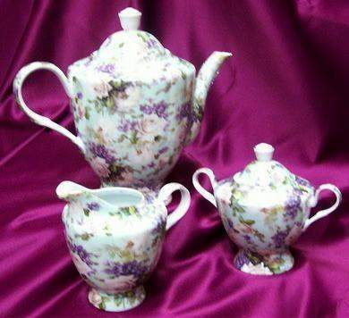 3 Piece White Rose on Mint Chintz Large 40 oz. Porcelain Teapot and Creamer Set Satin Lined Gift Box-Roses And Teacups