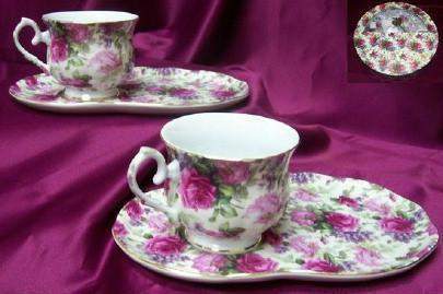 4 Piece Porcelain Tea or Coffee Snack Set in Gift Box Pink Roses and Lilacs on White Chintz