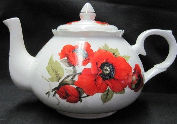 6C Autumn Poppy English Bone China Teapot-Roses And Teacups