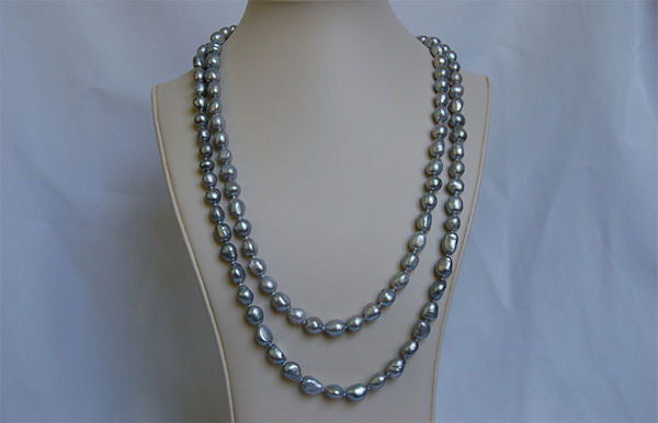 9mm 50 inch Cultured Silver Grey Baroque Pearl Necklace