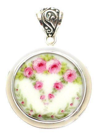 A Rose Cascade Sterling Silver Broken China Jewelry Round Pendant