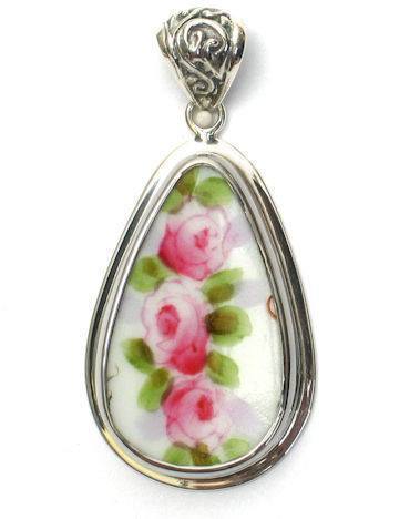 A Rose Trio Sterling Silver Broken China Jewelry Drop Pendant-Roses And Teacups