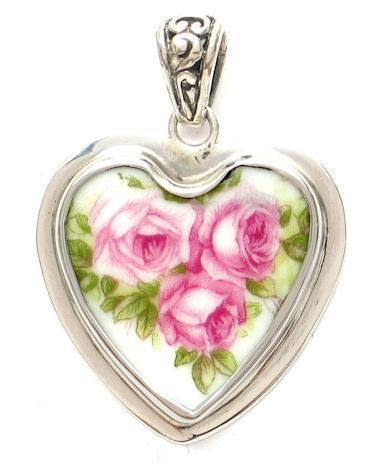 A Rose Trio Sterling Silver Broken China Jewelry Heart Pendant