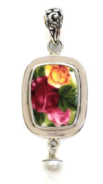 A Sterling Silver Broken China Jewelry Pearl Pendant Old Country Roses