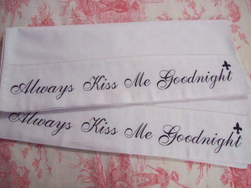 Always Kiss Me Goodnight Embroidered Standard Pillow Cases Set of 2-Roses And Teacups