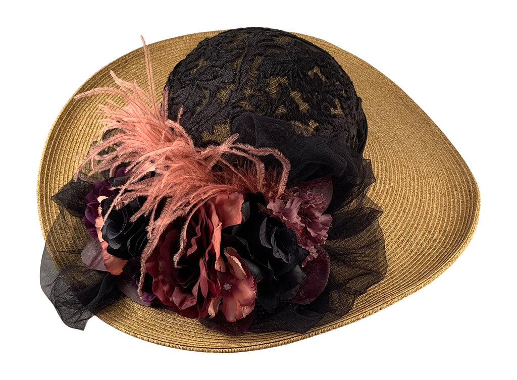 Antique 5″ Large Brim Edwardian Hat W/Burgundy And Mauve #1456