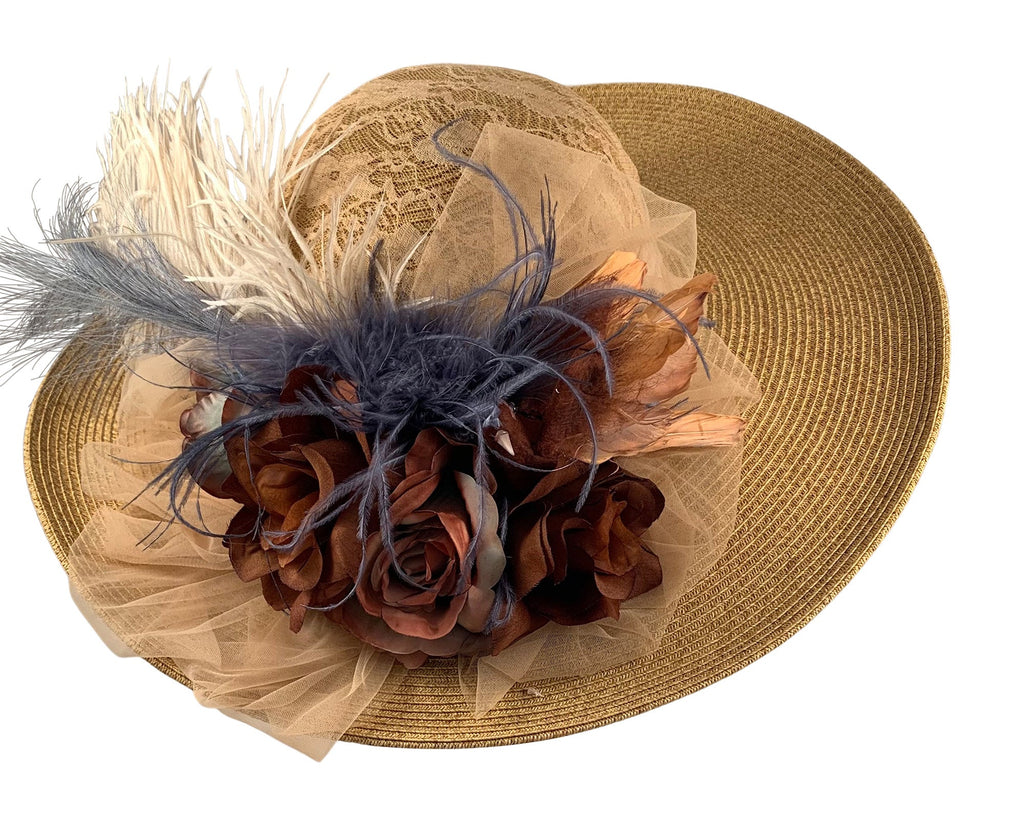 Antique 5″ Large Brim Edwardian Hat W/French Blue And Brown #1457-Roses And Teacups
