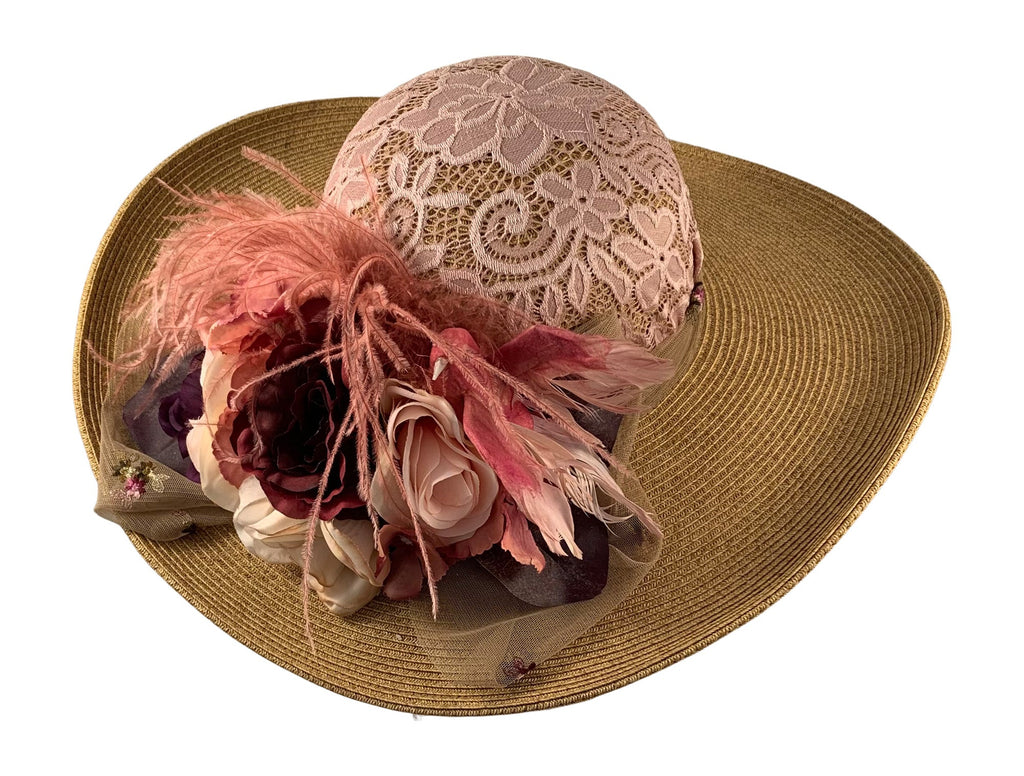 Antique 5″ Large Brim Edwardian Hat W/Mauve #1455