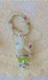 Antique Enamel Charm Holder with White Lampwork Beads and Peridot Crystal Teapot Charm - Only 1 Available!