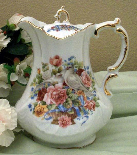 Antique Scroll Doves and Roses Porcelain Teapot-Roses And Teacups