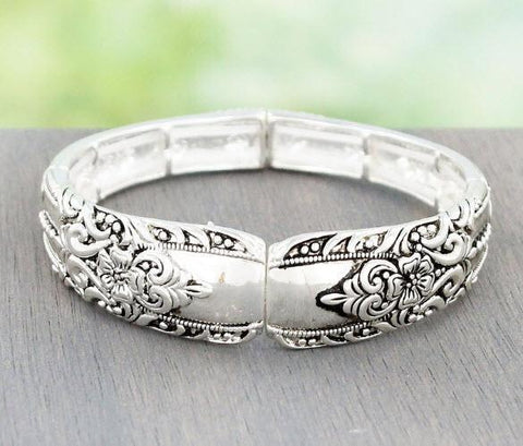 Antique Silvertone Flower Flourish Spoon Style Stretch Bracelet - Very Limited!-Roses And Teacups