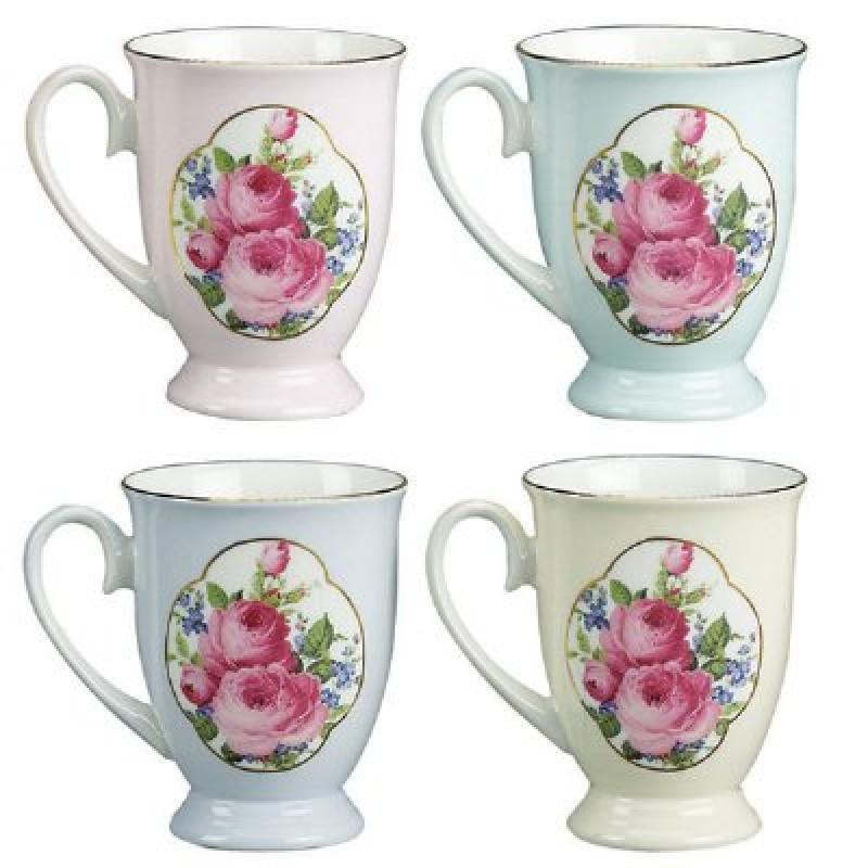 Assorted Pastel Cameo Rose Bone China Footed Mugs Set of 4