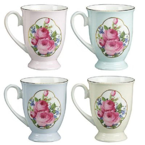 Assorted Pastel Cameo Rose Bone China Footed Mugs Set of 4-Roses And Teacups