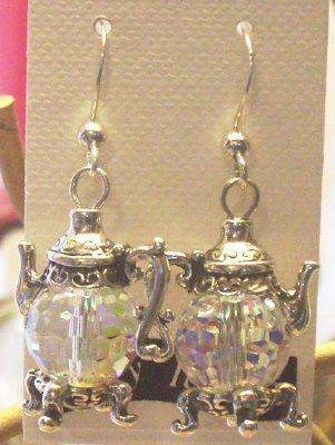 Austrian Crystal Silver Teapot Earrings-Roses And Teacups