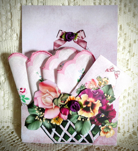Basket Full of Pansies and Roses Hankie Gift Card with Tea Included-Roses And Teacups