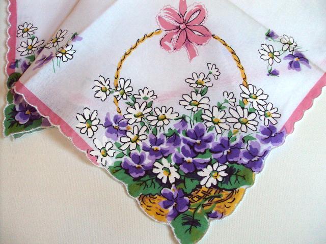 Basket of Pansies and Daisies Scalloped Hankie-Roses And Teacups