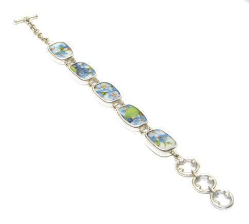 Bavarian Forget Me Nots Broken China Jewelry Sterling Bracelet Adjustable 7 to 8 1/4