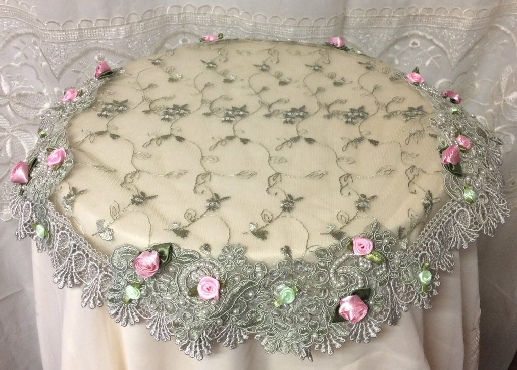 Beaded Lace Small Table Topper Sage - Only 1 Available-Roses And Teacups