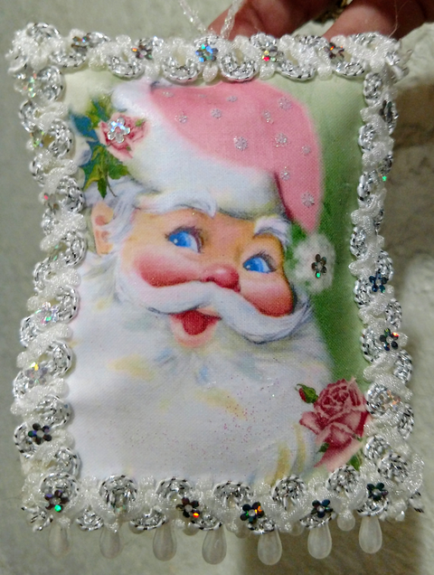 Beaded Pillow Santa Ornament - Snowy Santa-Roses And Teacups