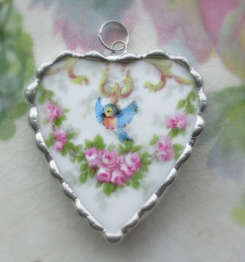 Beautiful Blue Bird and Rose Heart Shaped Broken China Pendant-Roses And Teacups