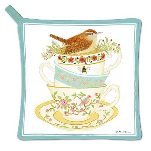 Bird on Stacked Tea Cups Potholder-Roses And Teacups
