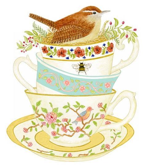 Bird on Stacked Tea Cups Set of 2 Cotton Tea Towels-Roses And Teacups