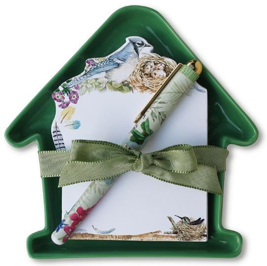 Birdhouse Note Pad with Gift Caddy and Trinket Tray Plus Designer Pen-Roses And Teacups